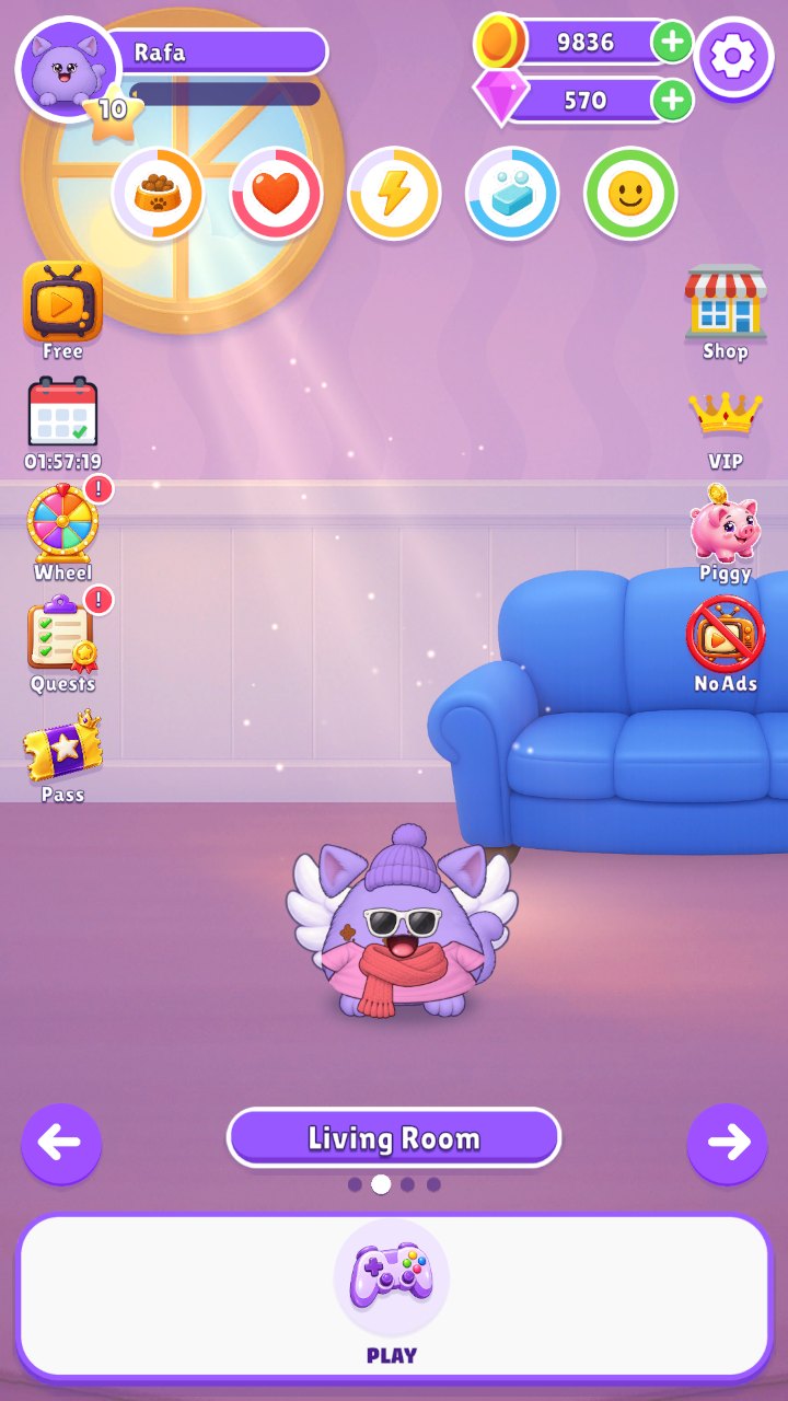 The living room of the demo game with the pet, the stat gauges and the feature buttons
